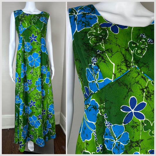 1960s/70s Floral Barkcloth Royal Hawaiian Maxi Dress, Size M/L