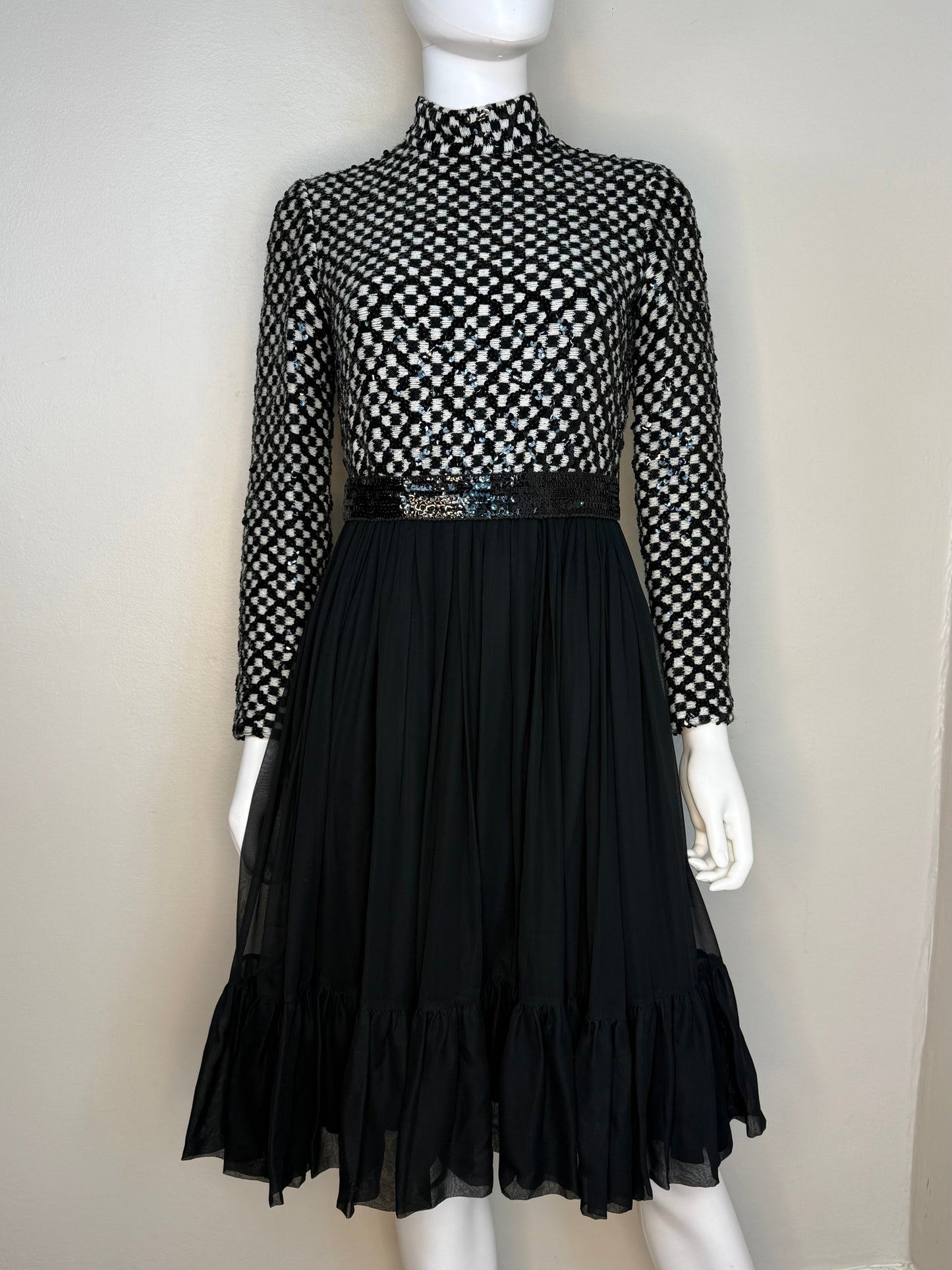 1960s/70s Sequin Mod Dress, Black and White Check, Size X-Small