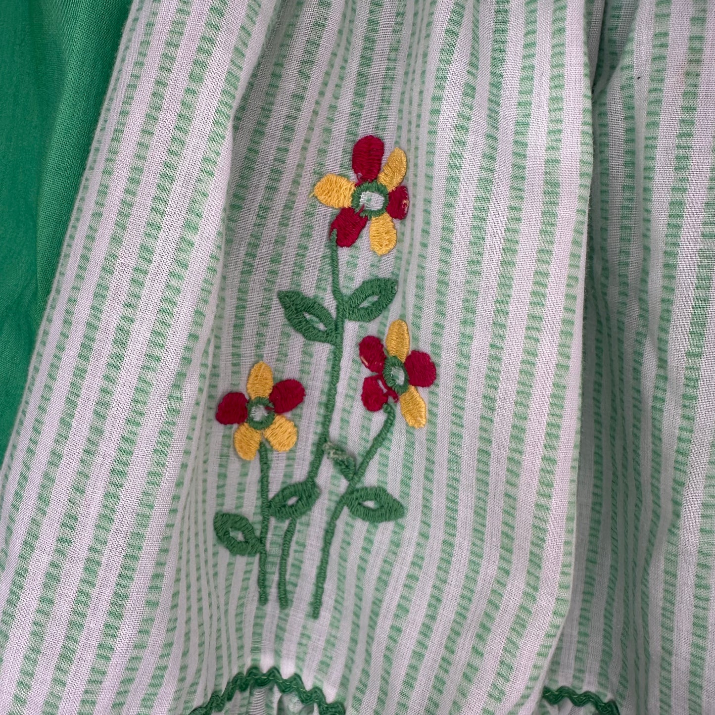 1970s/80s Green Stripe Pinafore Dress Set, Size 2T, Floral Applique