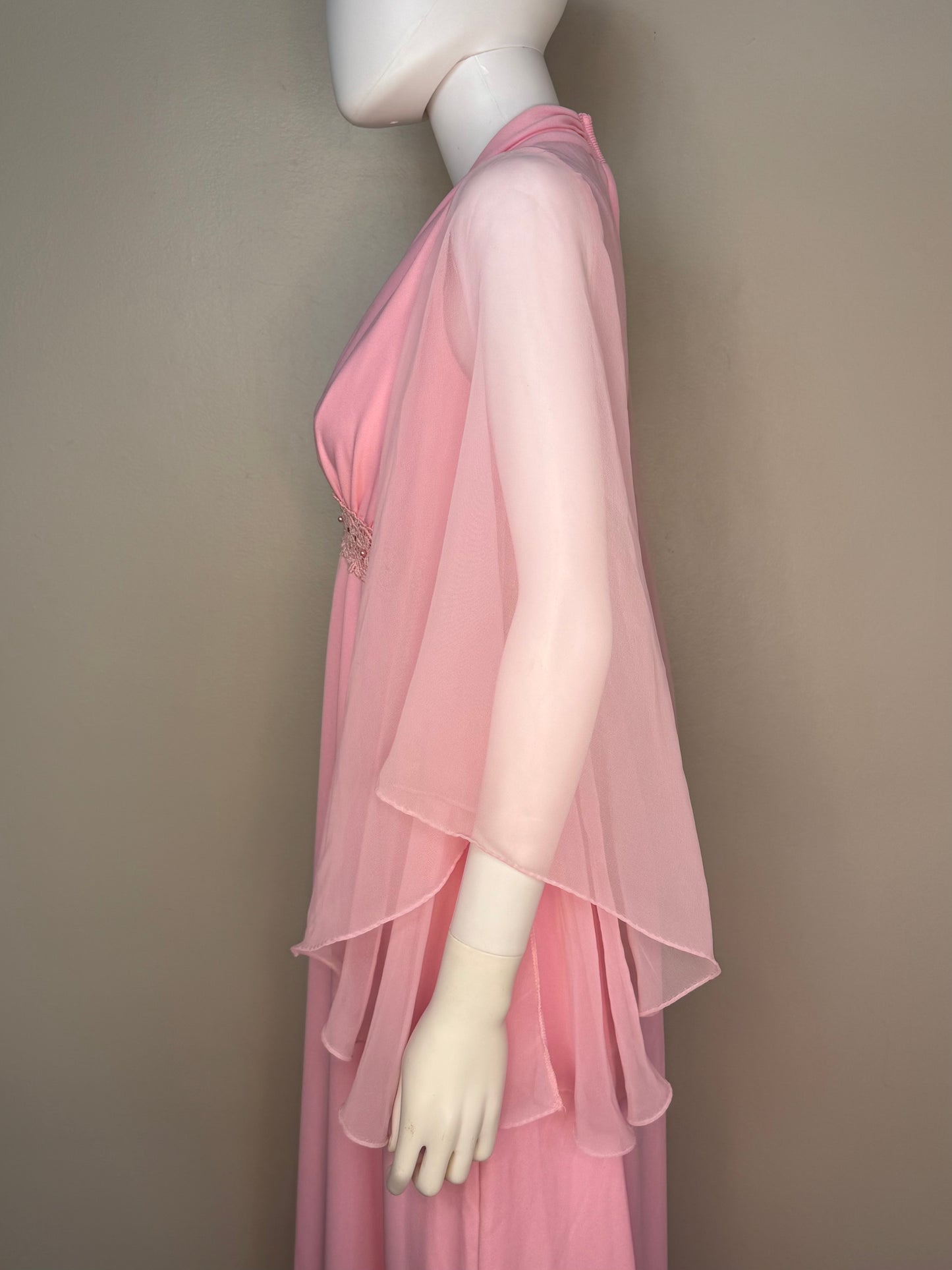 1970s Pink Maxi Dress, Sheer Angel Wing Sleeves, Jill Robbins Size S/M