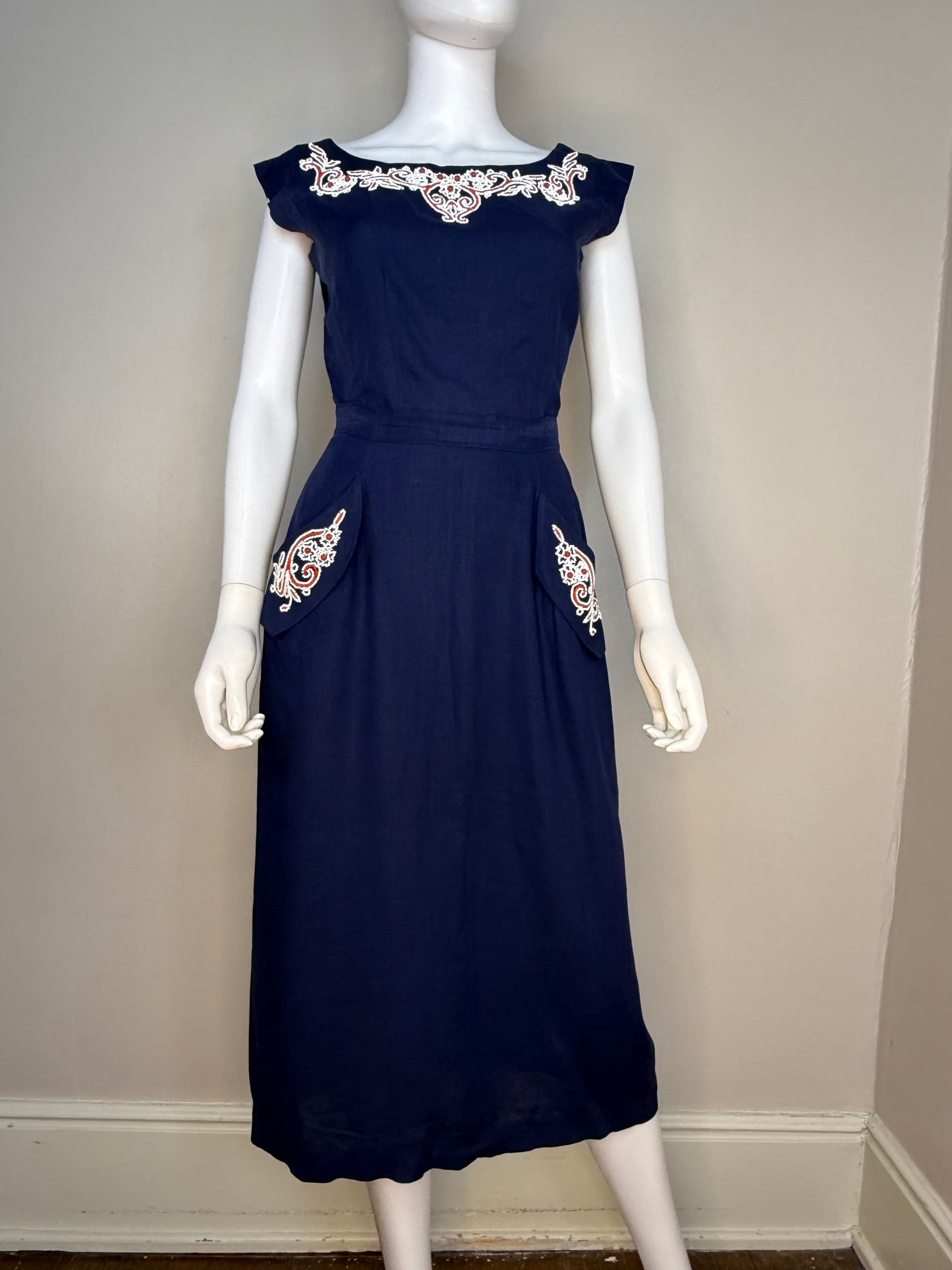 1940s/50s Beaded Navy Blue Top and Skirt Set, Nini Originals Size XS-Small