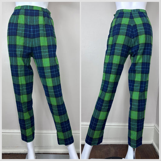 1960s Green and Blue Plaid Wool Pants, Pendleton Size XS, 24"x27.75", Side Zip