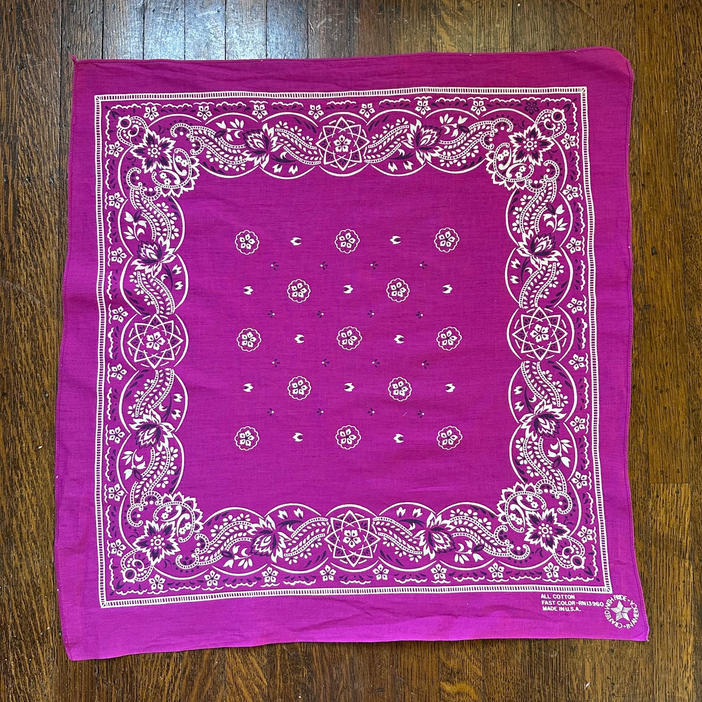 1980s Pink Floral Bandana, RN 13960,  20" x 21.5", Selvage Edge