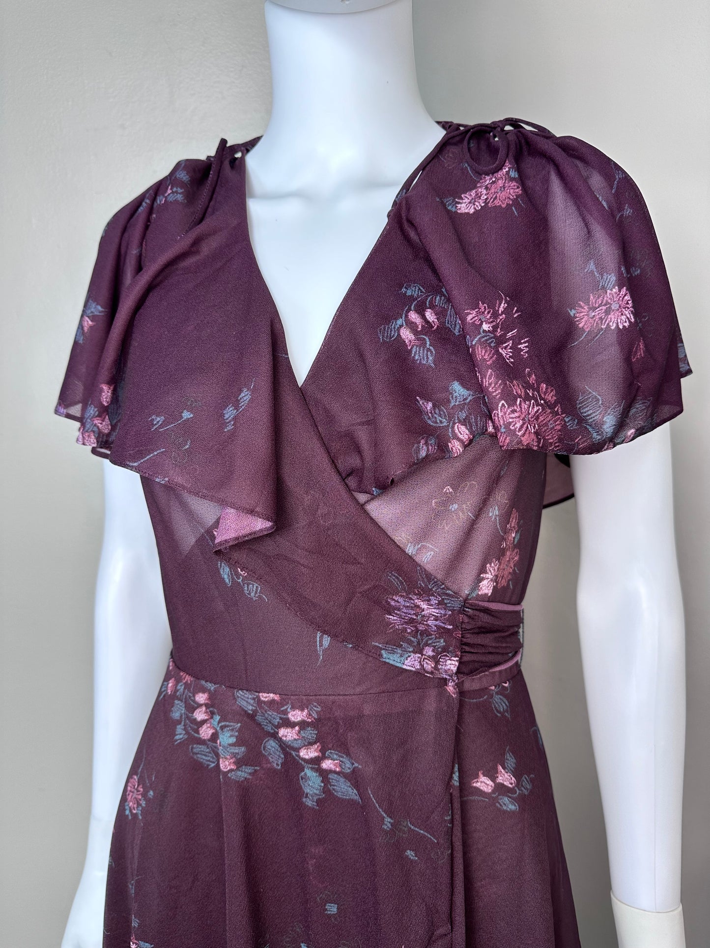 1970s Sheer Purple Floral Layered Wrap Dress, Patty O’Neil Size XS