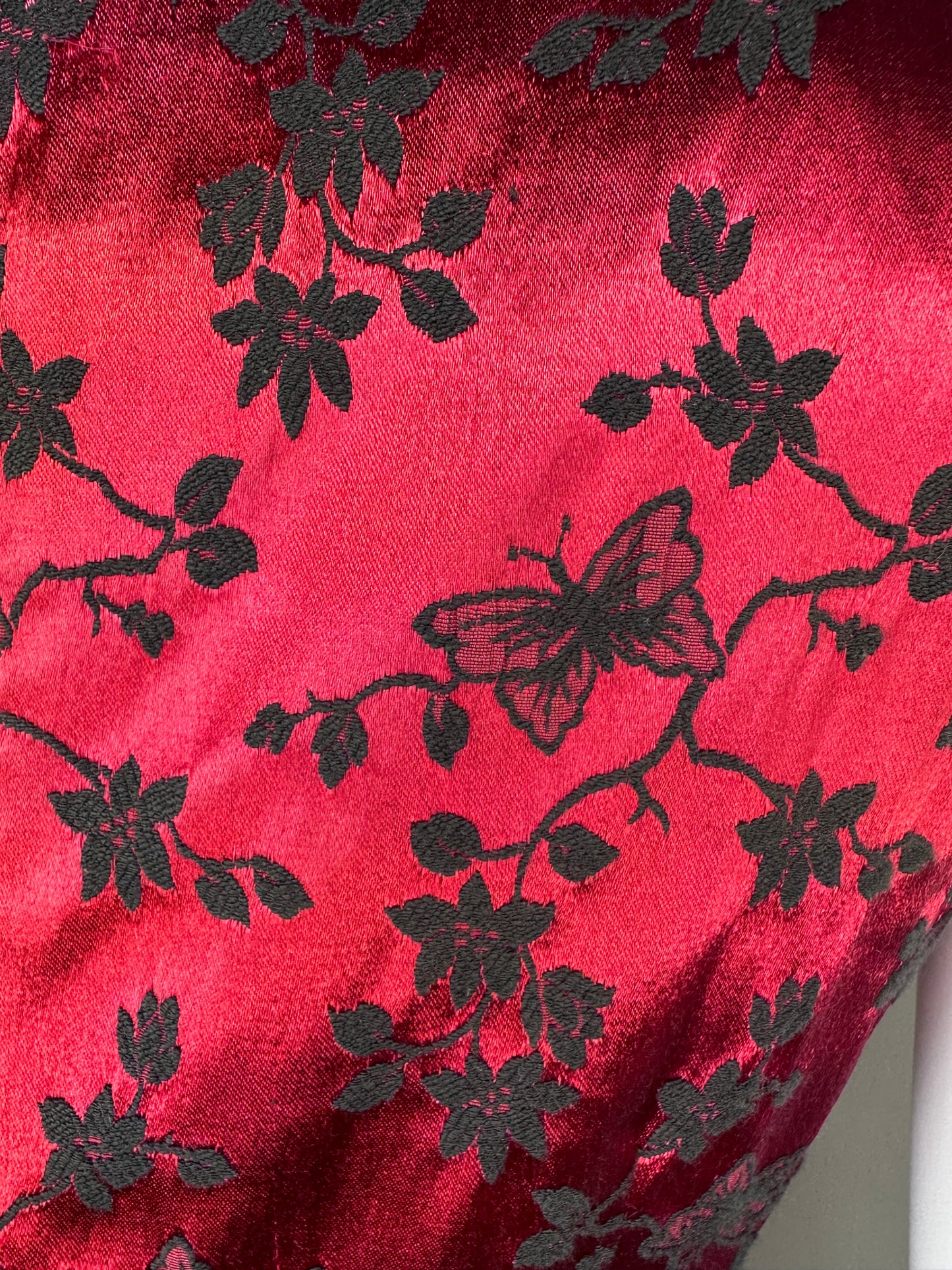 1990s Red Satin Dress, Jessica Howard Petite Size Small-Medium, Flocked Floral with Butterflies