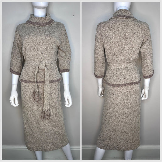 1950s Tan Knit Suit, Lofties by Lawrence Size XS, Turtleneck Sweater and Midi Pencil Skirt Set