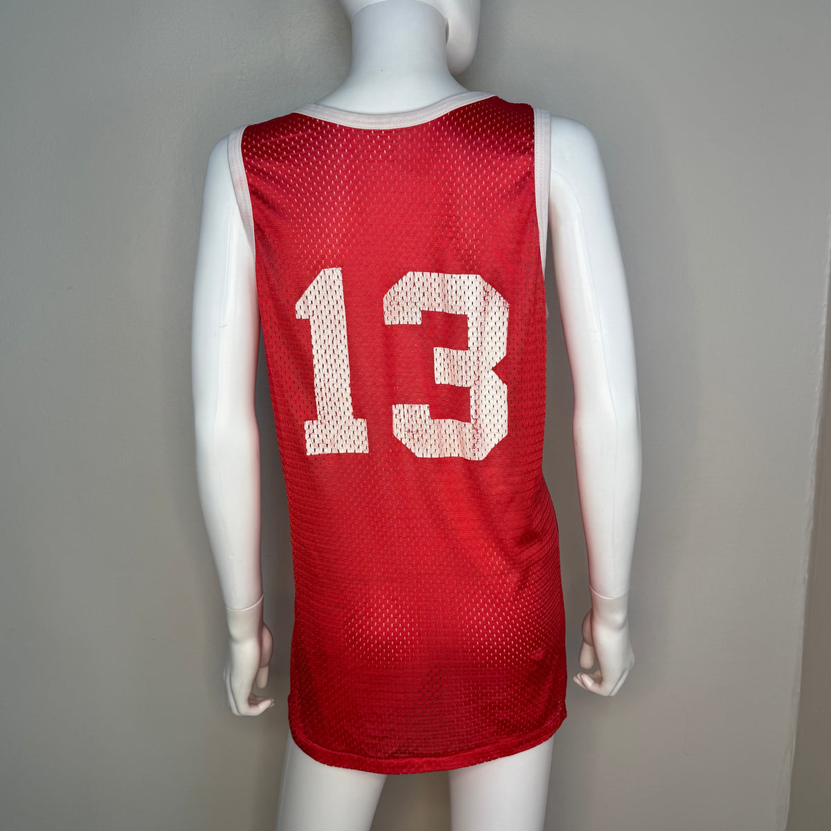 1970s/80s Red Mesh Basketball Jersey Tank Top, Size Medium, Globe Travelers No 13, Distressed