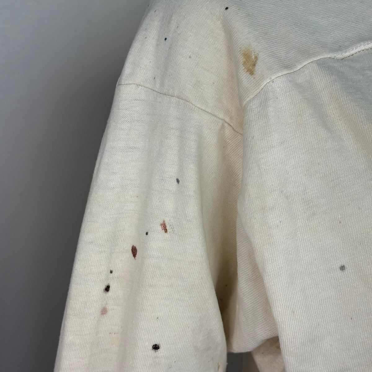 1960s/70s Off White Cotton Jersey T-Shirt, Size Medium, Paint Stains, Distressed