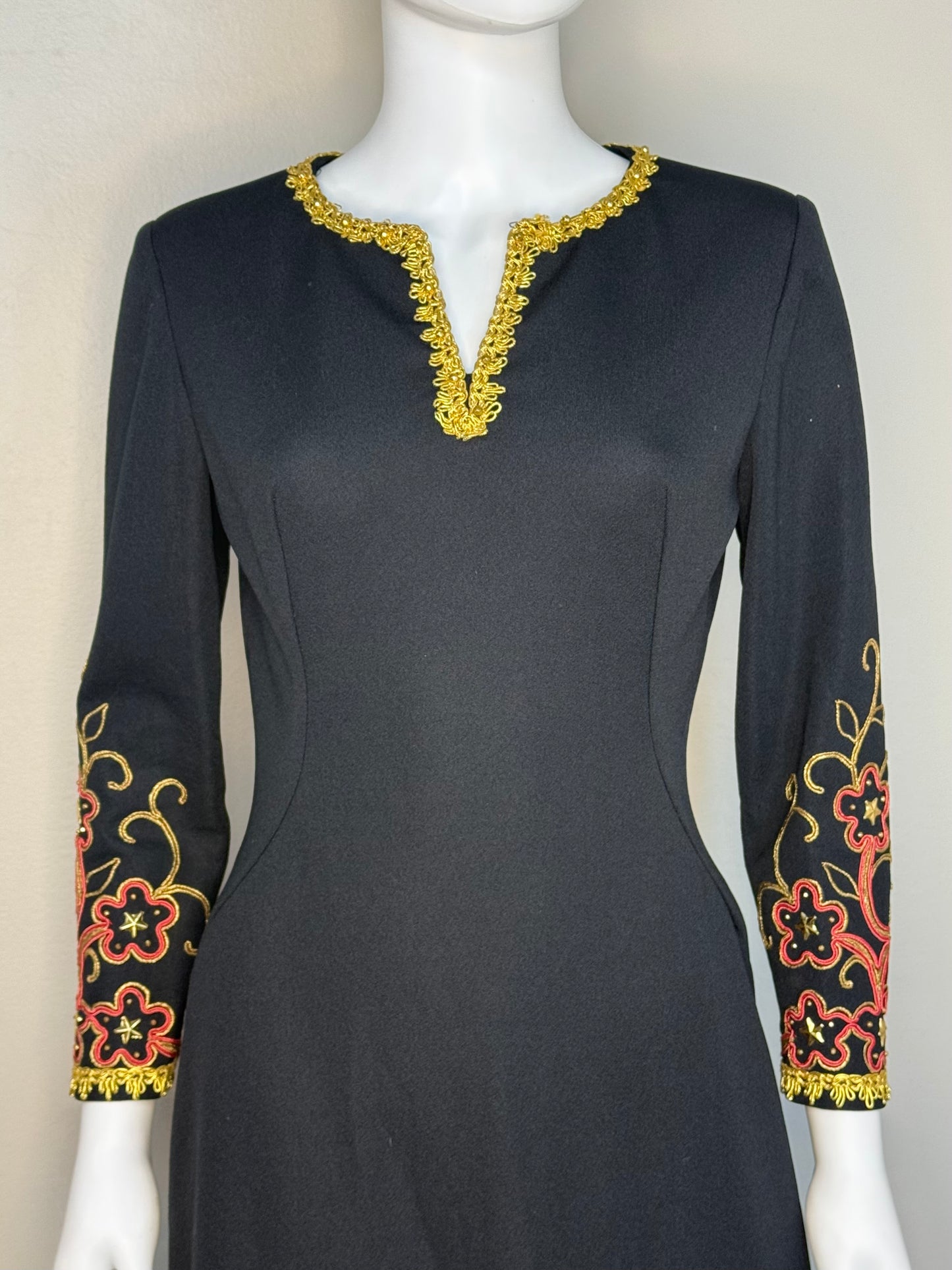 1960s/70s Black Maxi Dress with Embellished Sleeves and Gold Trim, Handmade Size S/M