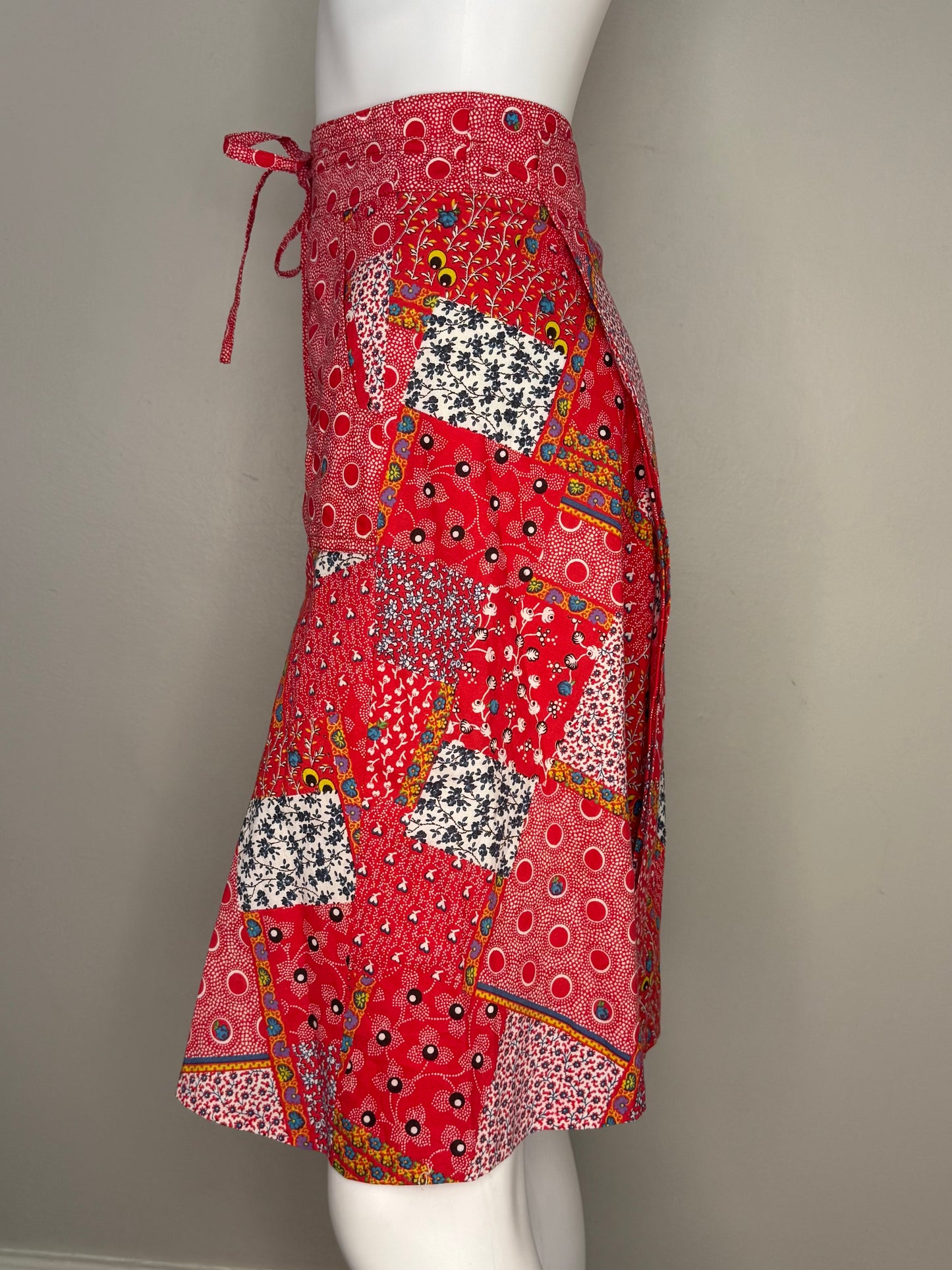 1970s Red Patchwork Print Wrap Skirt, Runky Size XS, Floral and Polka Dot