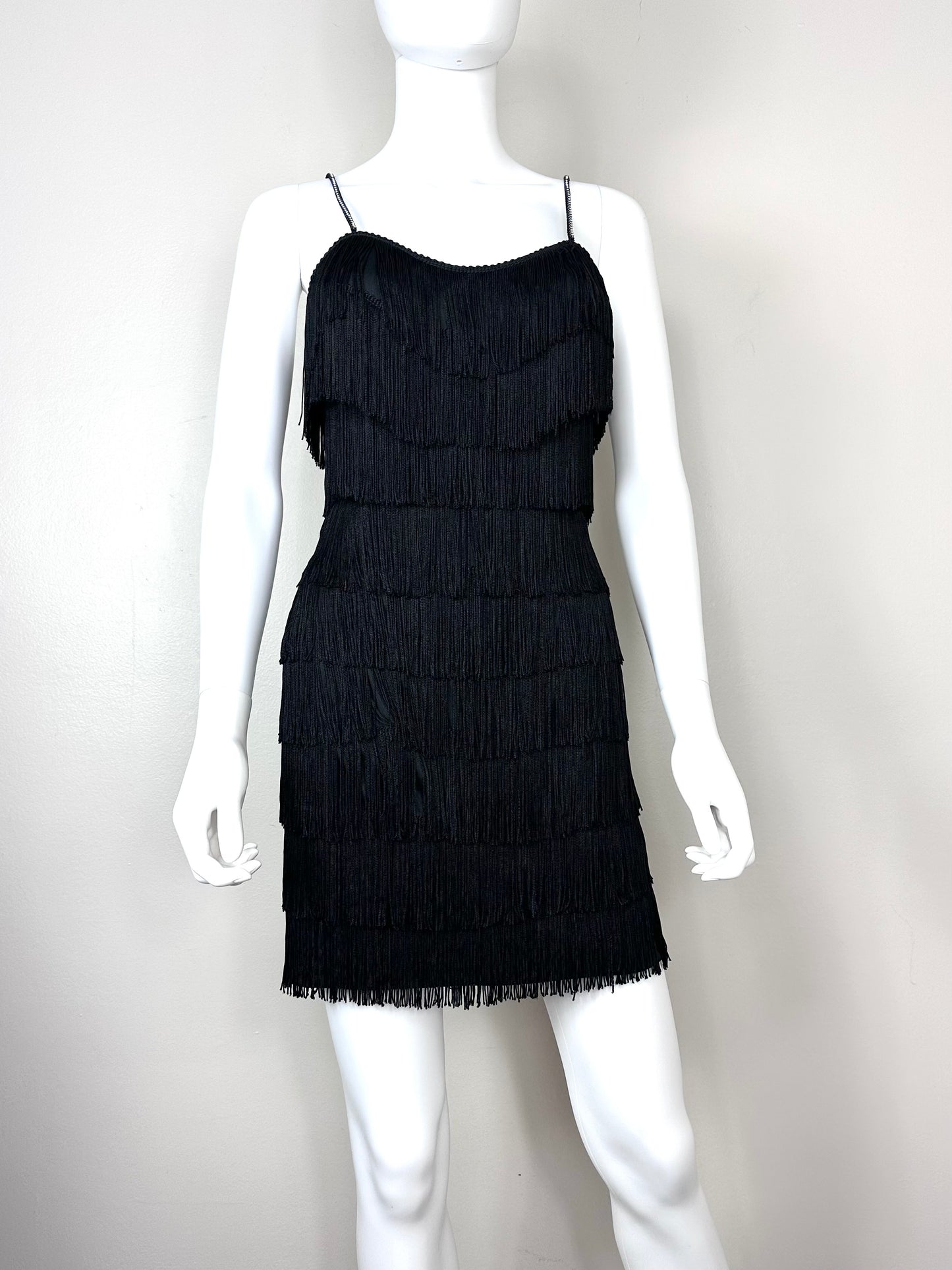 1990s Black Fringe Mini Dress, Roberta Size XS