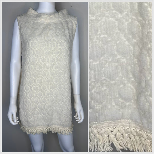 1960s Cream Chenille Mini Dress with Fringe, Sears Size XL