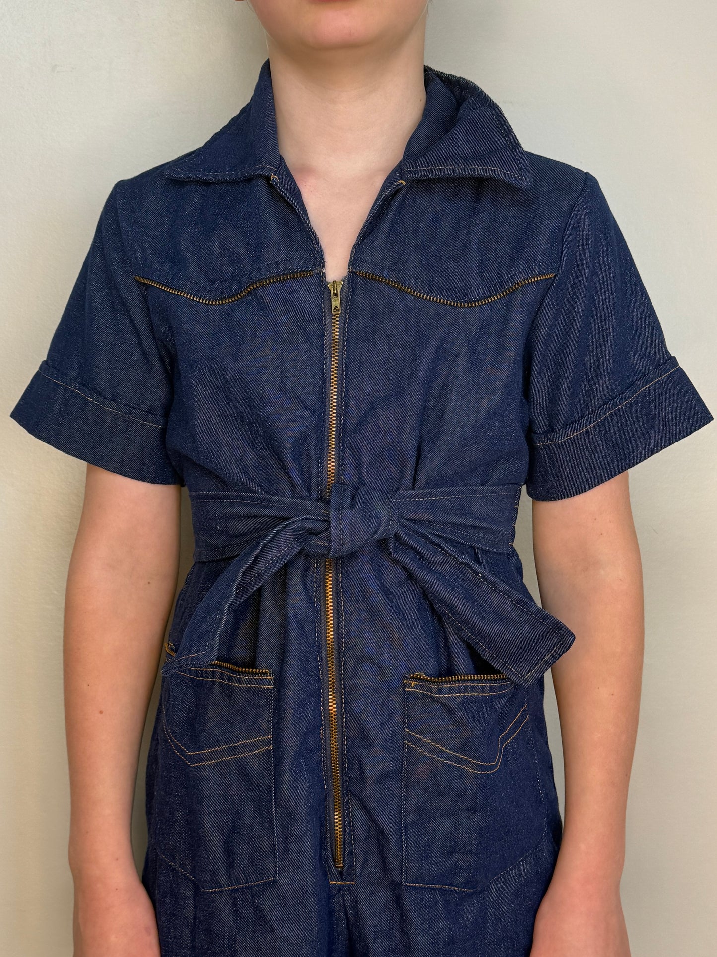 1970s Girl’s Denim Bellbottom Jumpsuit, Sears Growing Girl 10/12, Zip up with Zipper Trim