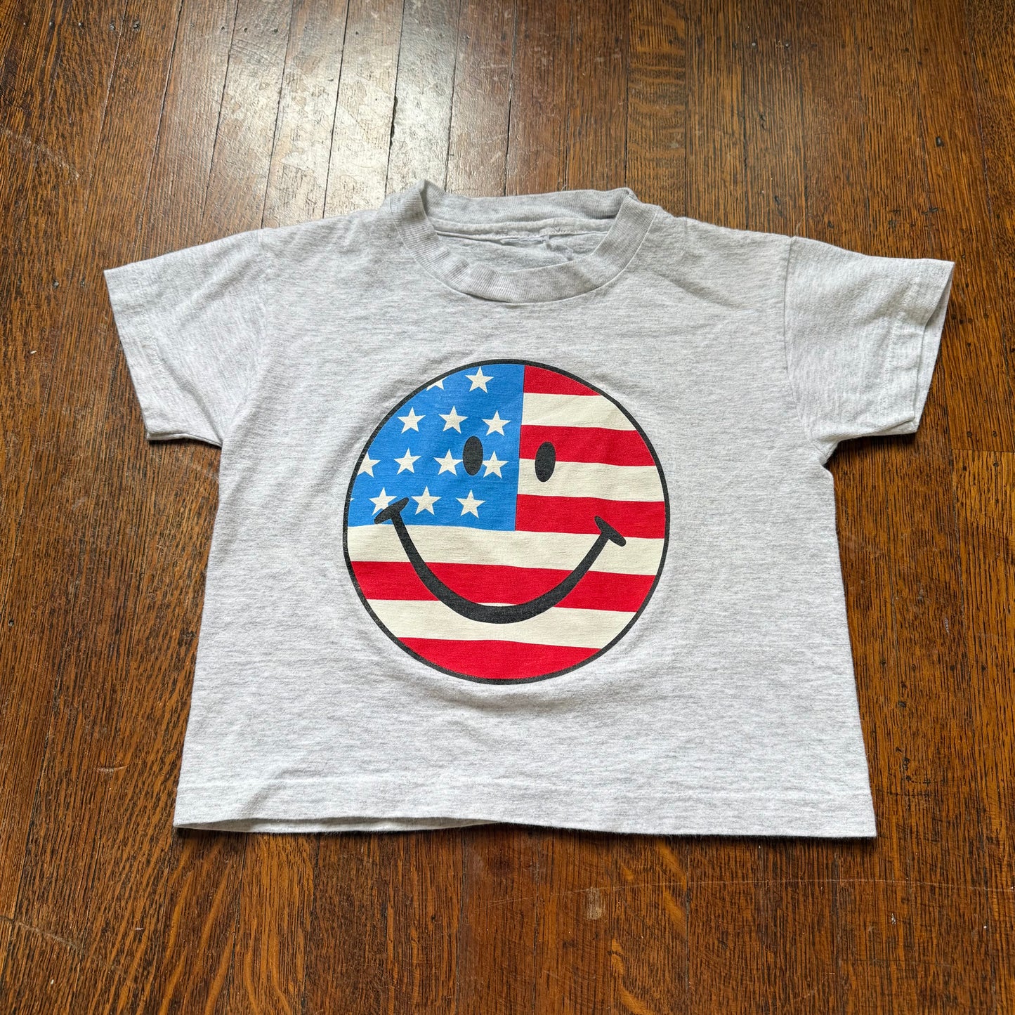 1990s Kids’ USA Flag Smiley Face T-Shirt, Cropped, Size 6-8