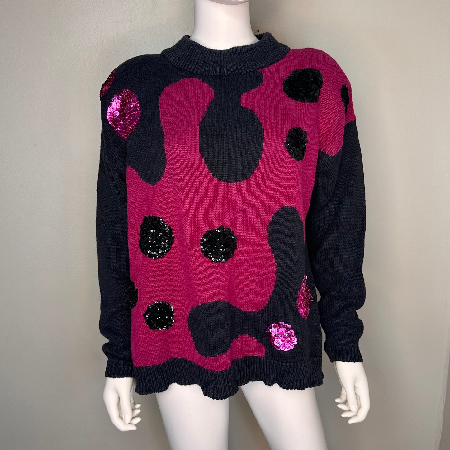 1990s Pink and Black Abstract Sweater with Sequins, All Points by Reference Point Size Medium