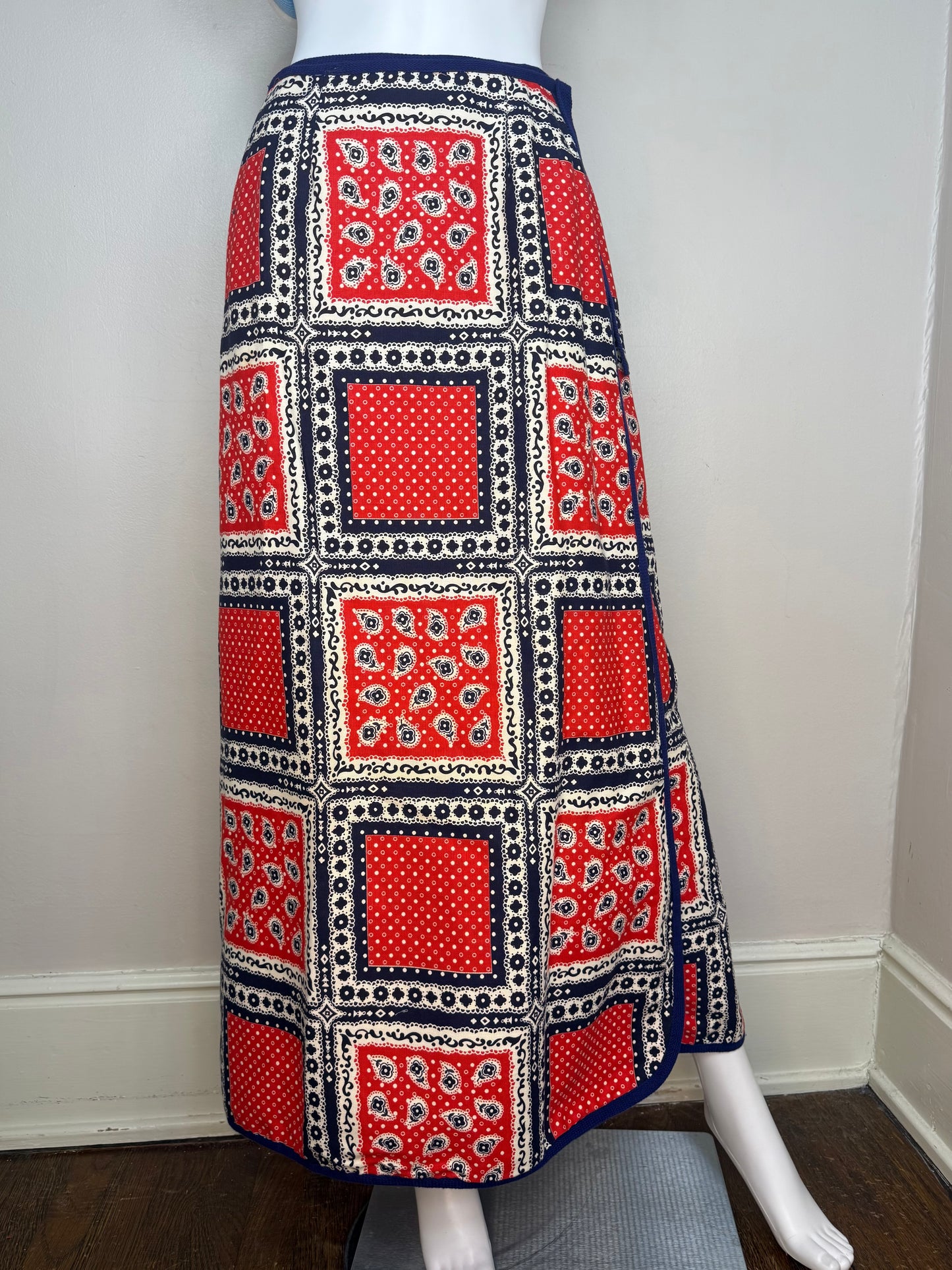 1960s/70s Bandana Print Maxi Wrap Skirt, by David Smith Size Small, Red White & Blue