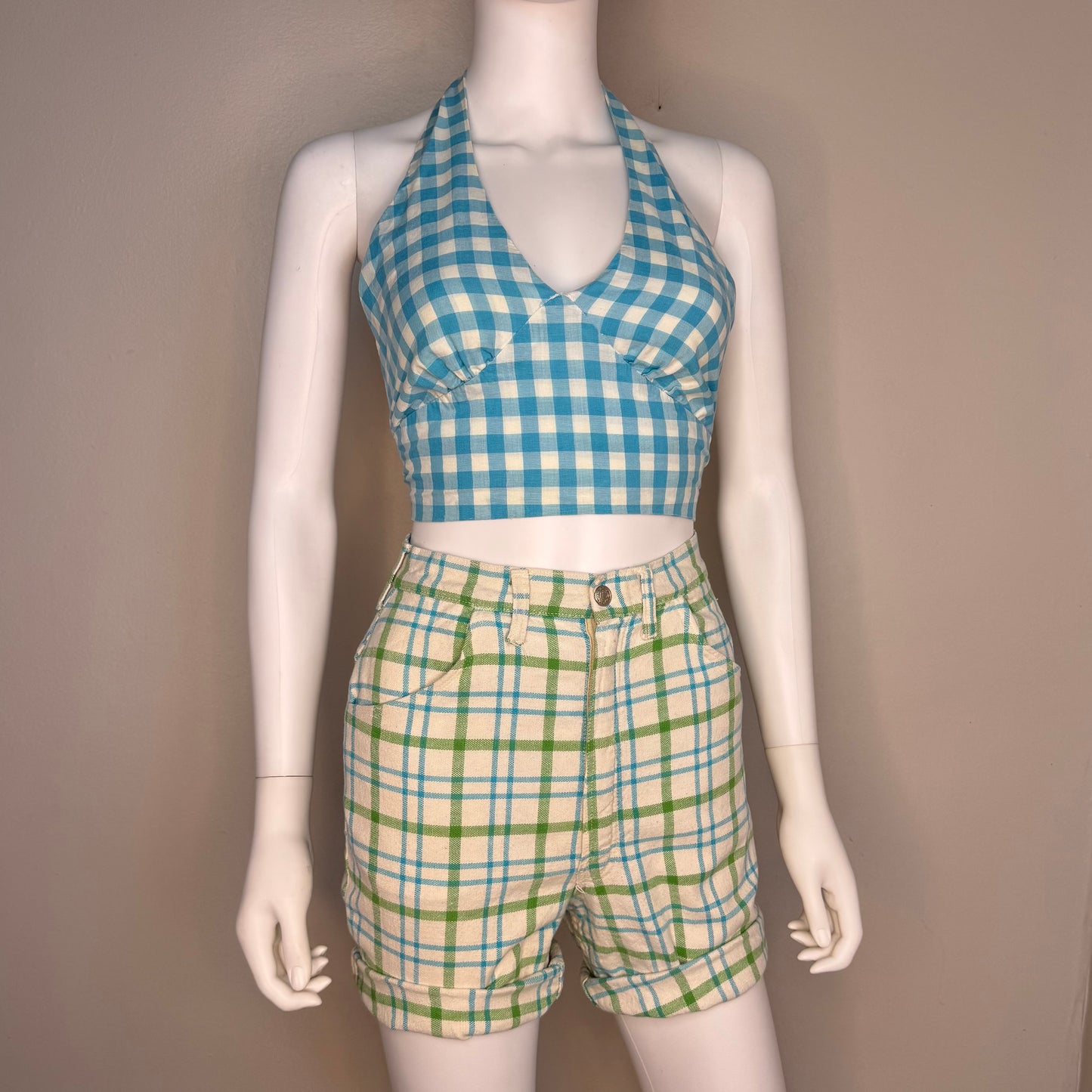 1960s/70s Plaid Shorts, Blue Green White, Size XS
