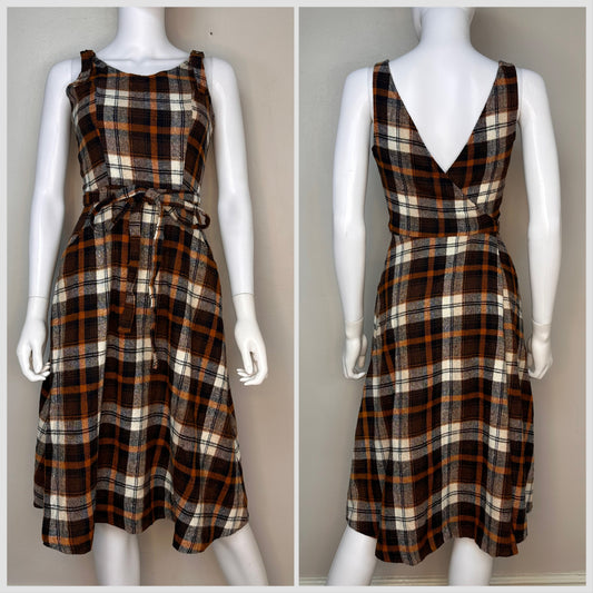 1970s Brown Plaid Sleeveless Wrap Dress, Terri Juniors California, Jumper