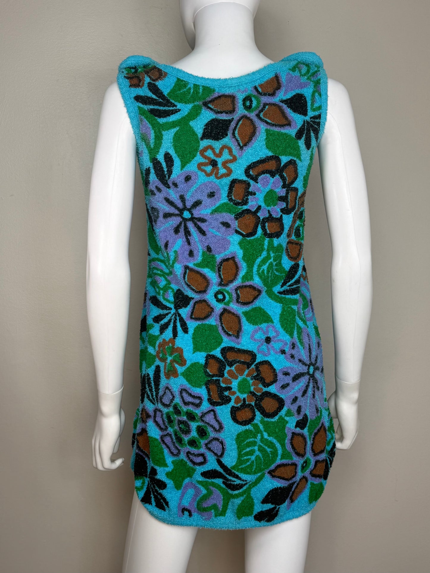 1960s Floral Terry Cloth Dress, Sherry Miami Fla, Swim Beach Towel Cover Up Size XS