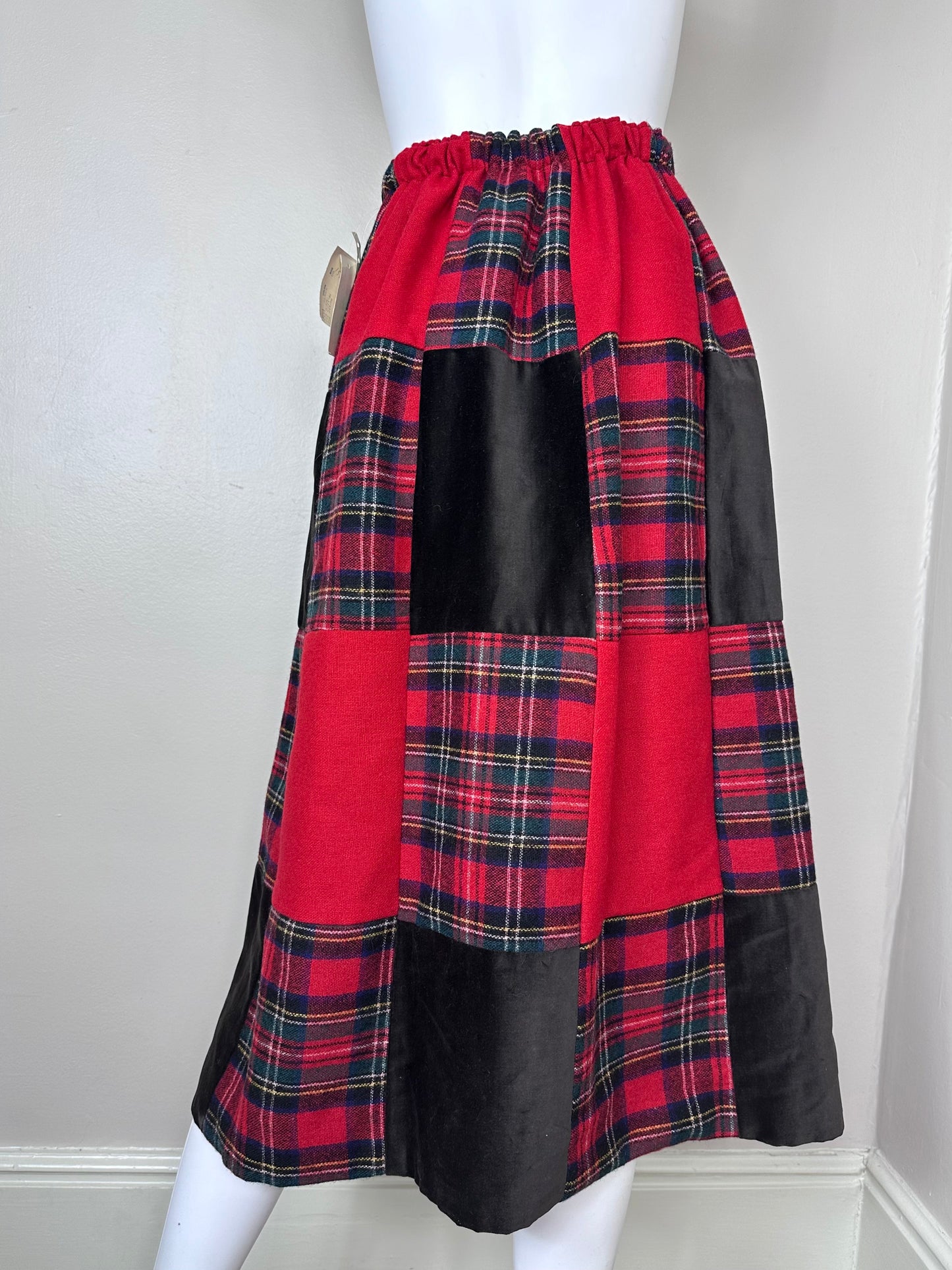 1970s Red Plaid Patchwork Midi Skirt, Young Traditions Size Small, Deadstock with Tags