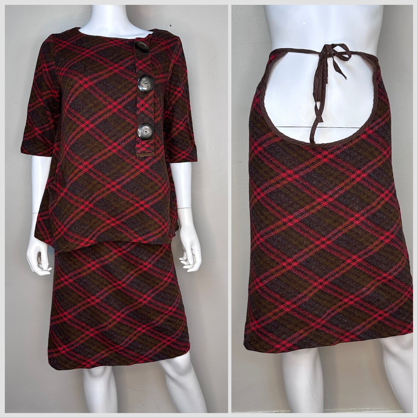 1960s Plaid Maternity Dress Set, Top and Open Belly Pencil Skirt, Expectantly Yours Size Medium