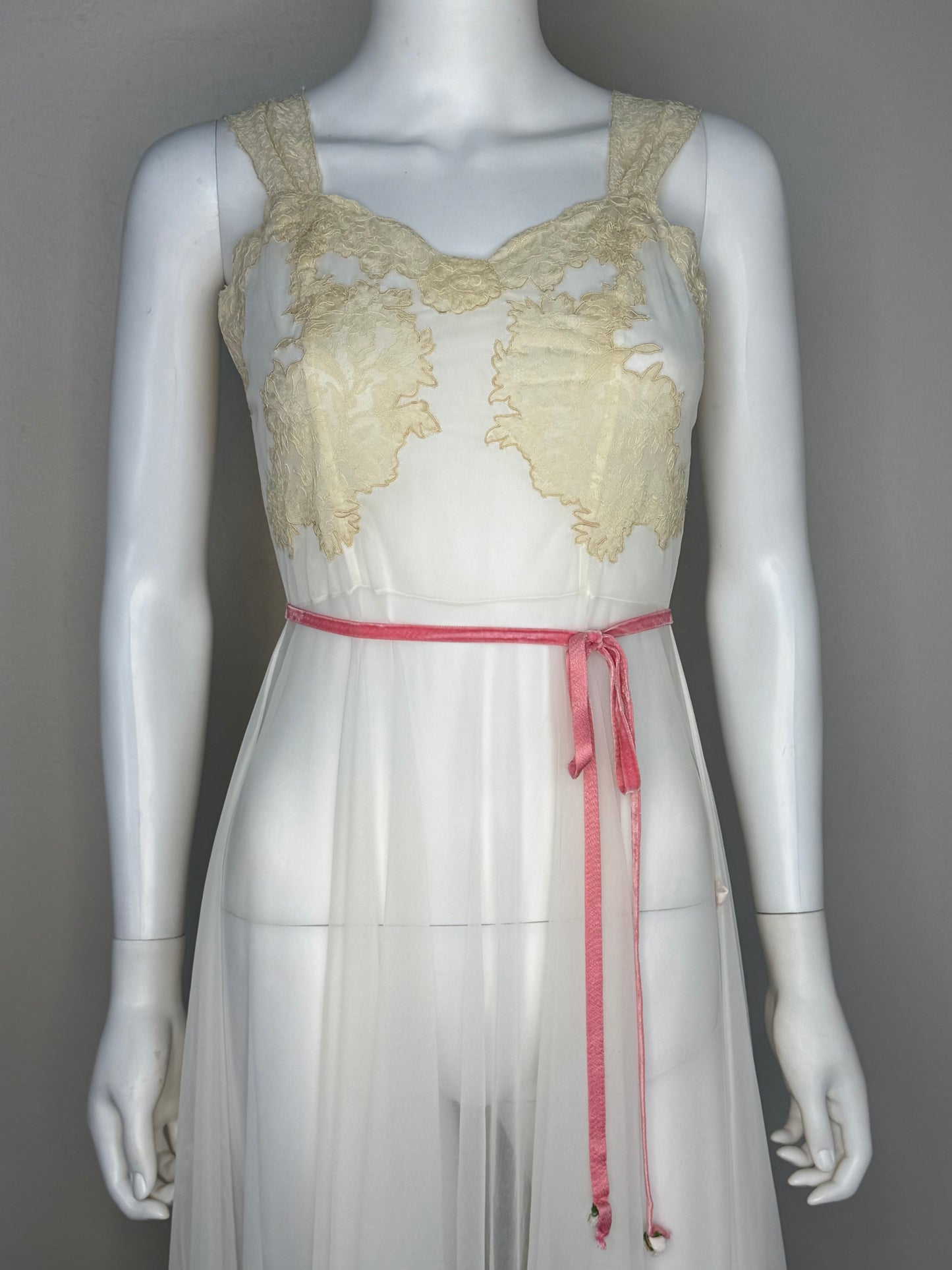 1950s Full Length Peignoir Set with Full Sweep, Sheer Off White Nylon with Cream Lace and Pink Ribbon, Yolande Size 32, XS, Night Gown and Robe, Bridal Lingerie