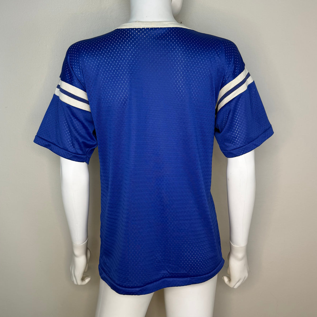1970s/80s Blue Mesh Jersey T-Shirt, Hutchison Size Small, Shoulder Stripes
