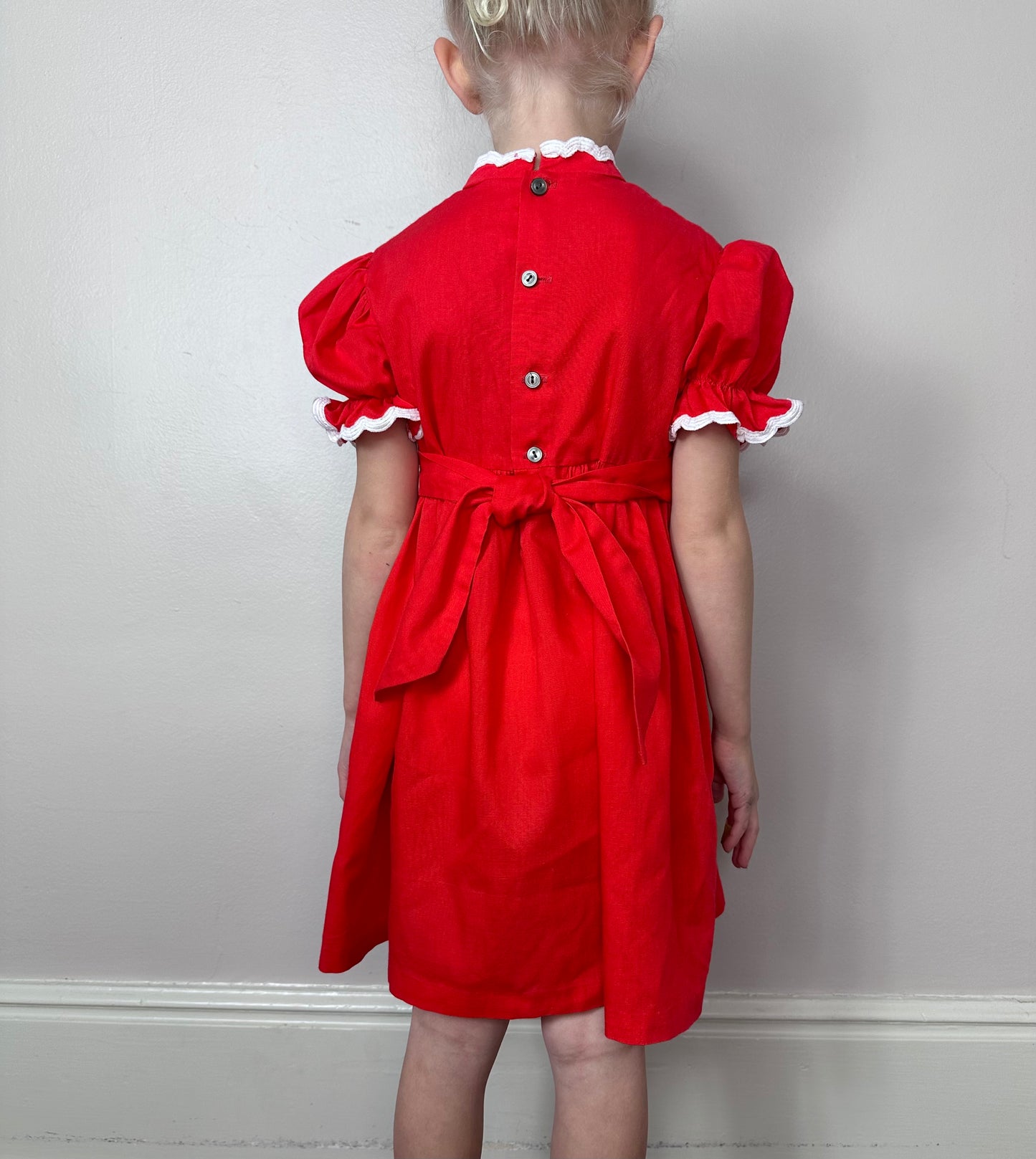 1970s/80s Red Smocked Short Sleeve Dress with Rick Rack Trim, Size 5, Floral