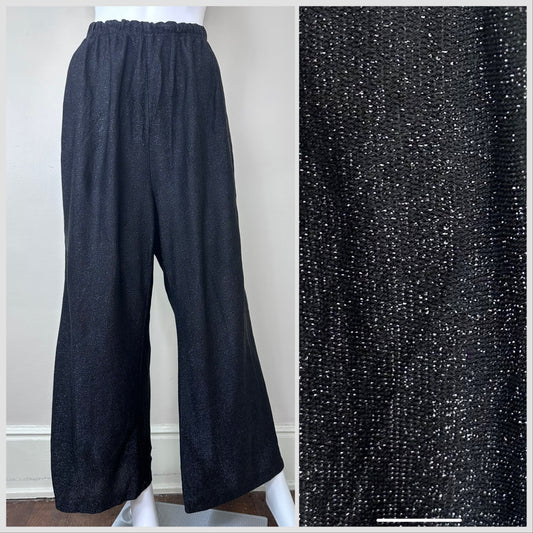 1970s Black and Silver Lurex Pants, Elastic Waist, Wide Leg Size M-XL