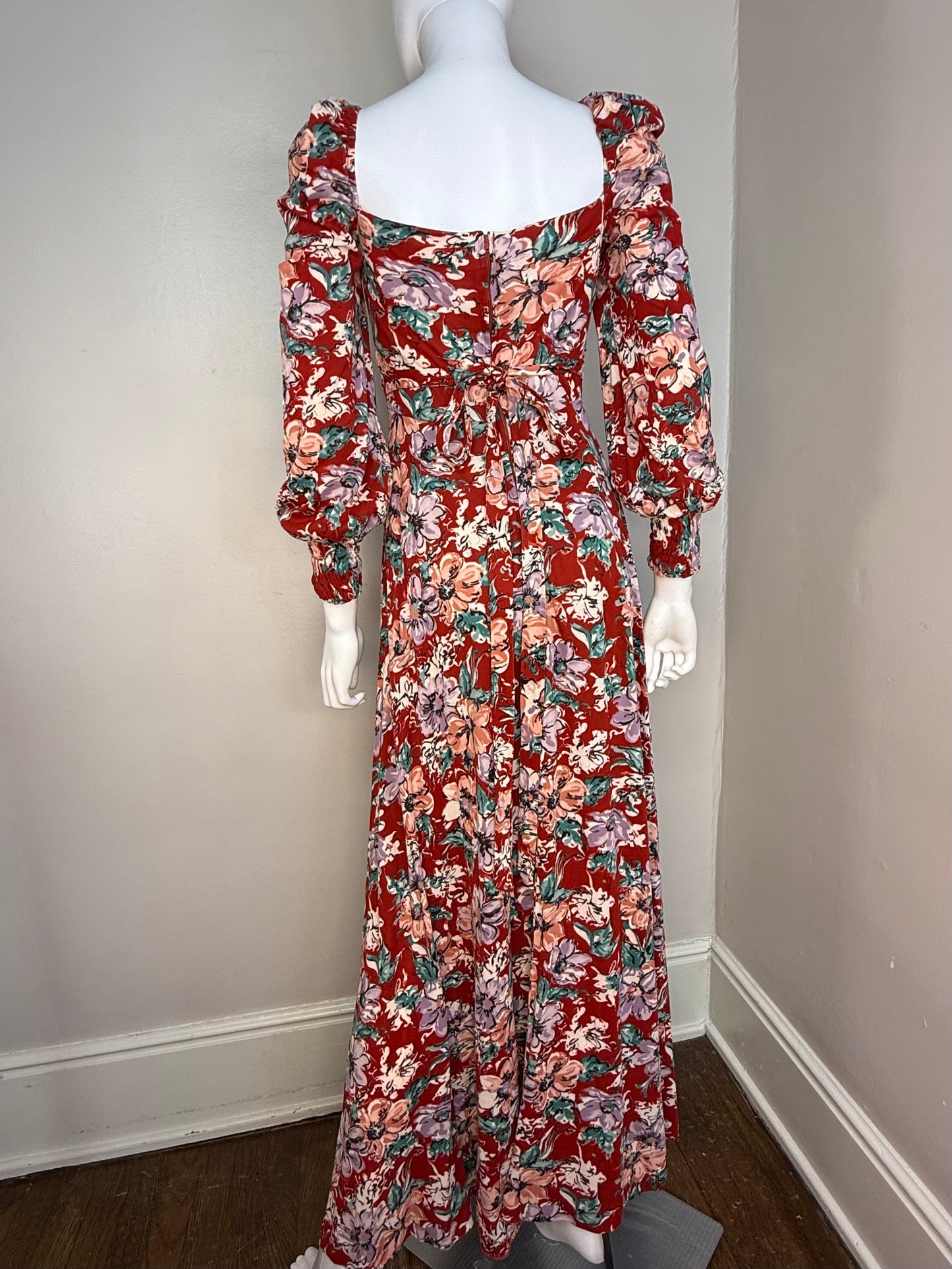 1970s Red Floral Maxi Dress, Jody T Size XS, Long Sleeve, Smocked Bodice, Full Skirt