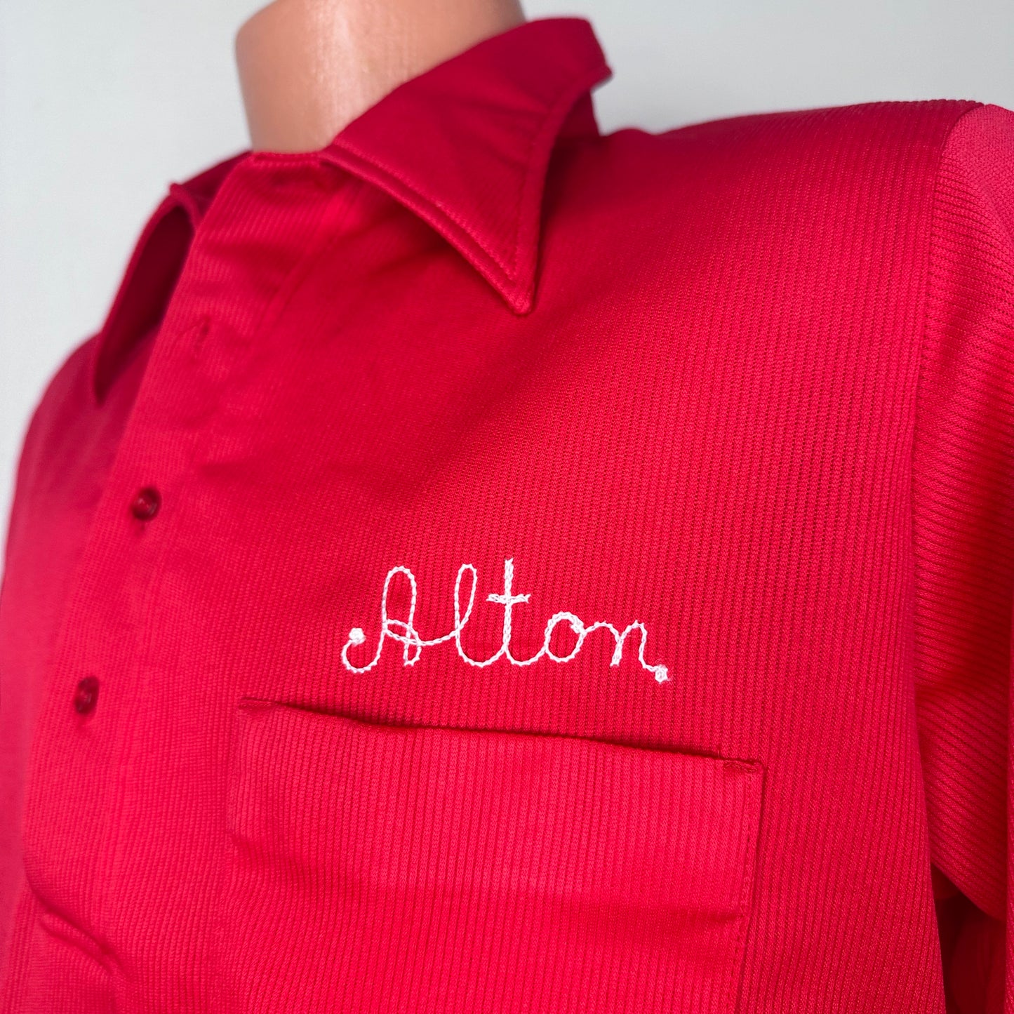 1970s Red Bowling Shirt, Hilton Size Medium, Double Rib Knit, Courtesy Pontiac Memphis