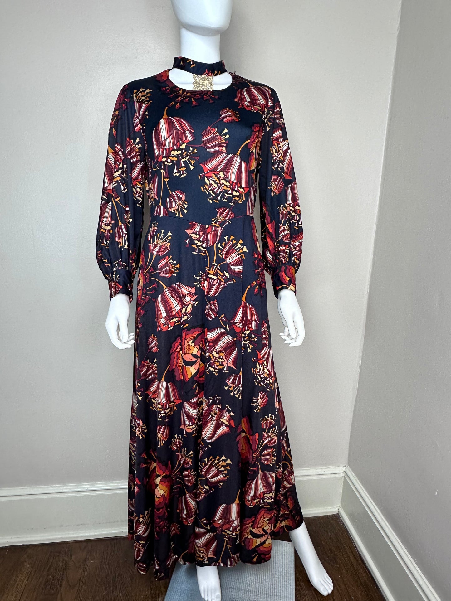 1970s Black Floral Maxi Dress with Cut Out, Aux Trois Quartiers Paris Size Medium