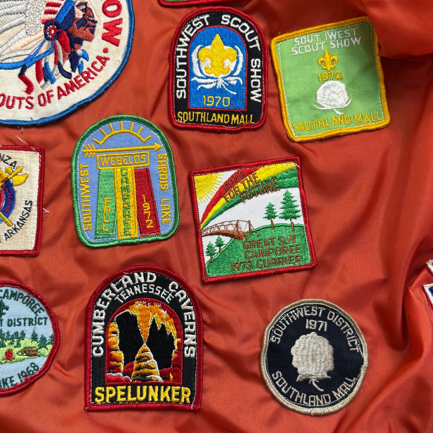 1960s Orange Nylon Jacket with 60s/70s Boy Scouts Camp Patches, Size Medium, Order of the Arrow, BSA