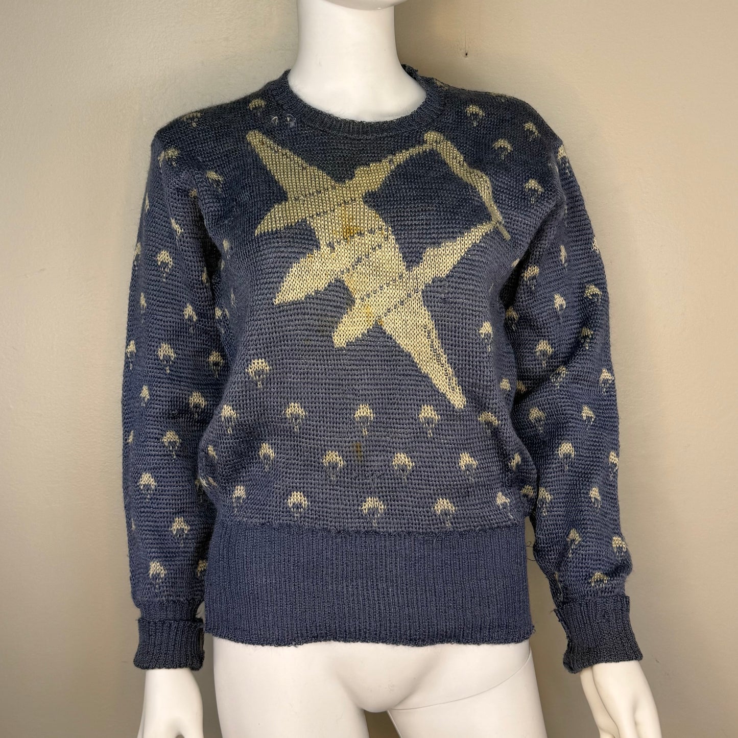 1940s Jantzen P-38 Sweater, Blue, Size 40, WW2 Fighter Jet Plane Novelty Knit