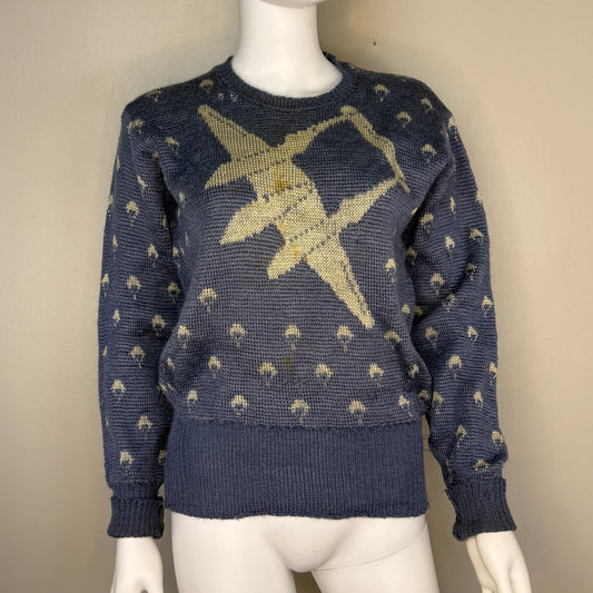1940s Jantzen P-38 Sweater, Blue, Size 40, WW2 Fighter Jet Plane Novelty Knit
