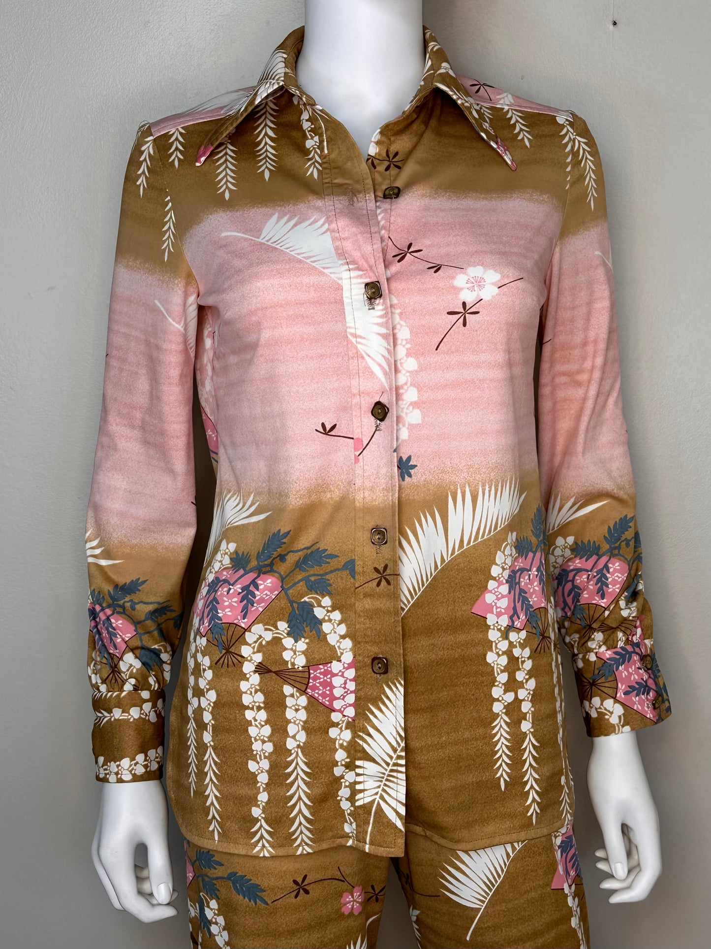 1970s Brown and Pink Fan Print Polyester Pant Suit, Flare Leg Pants, Long Sleeve Blouse, Anjac, Marc Needleman