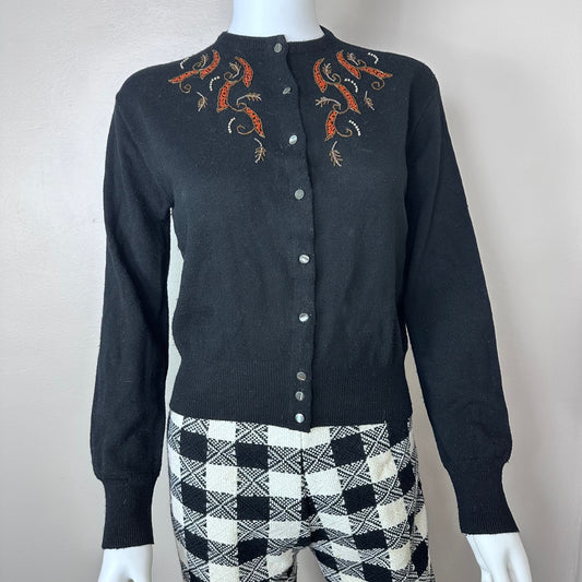 1940s Black Beaded Cardigan, Shepherd Knitwear Size Small-Medium