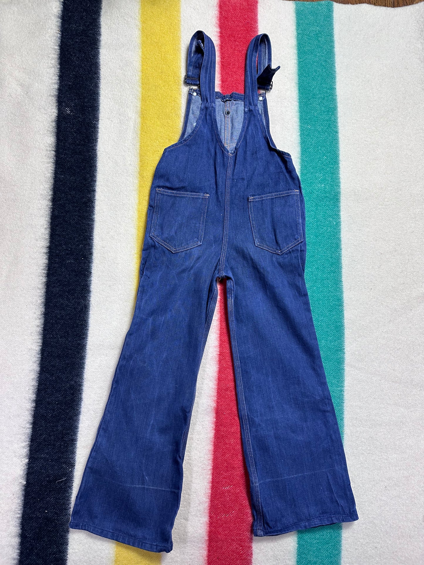 1970s Kids Denim Bell Bottom Overalls, Happiness is… Size 8