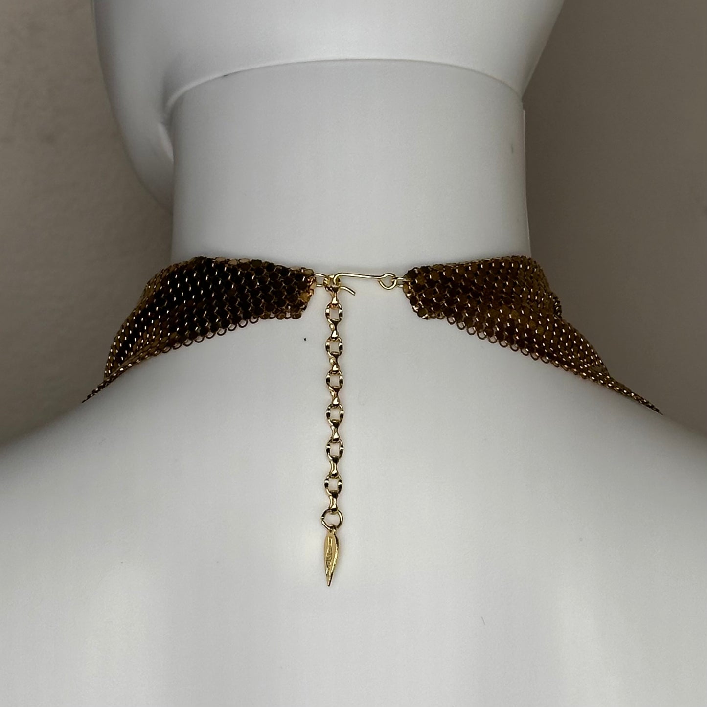 1980s Whiting and Davis Gold Tone Mesh Bib Necklace and Earrings Set