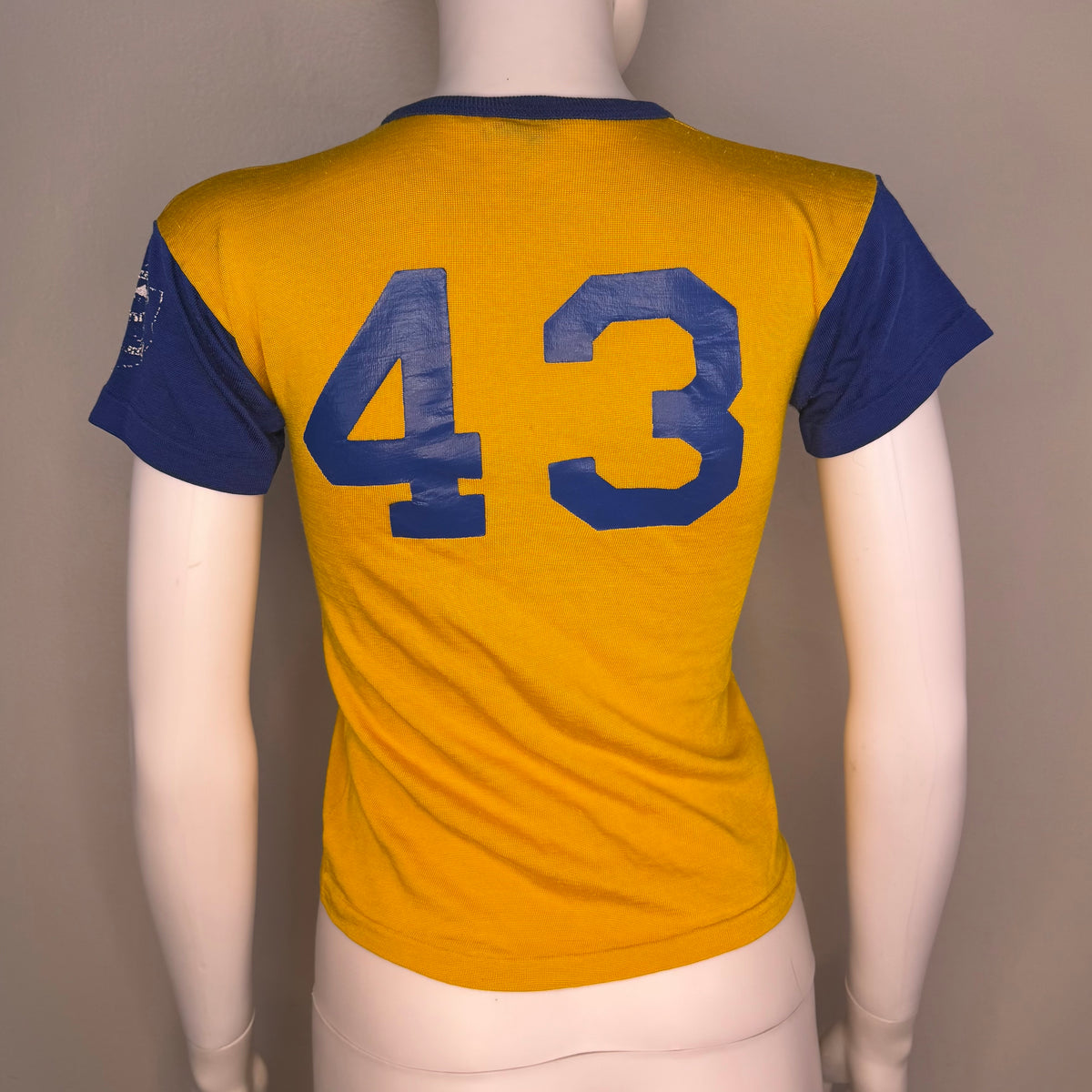 1960s/70s Kids’ Yellow and Blue Durene Jersey T-Shirt Youth Medium, No 43, Distressed