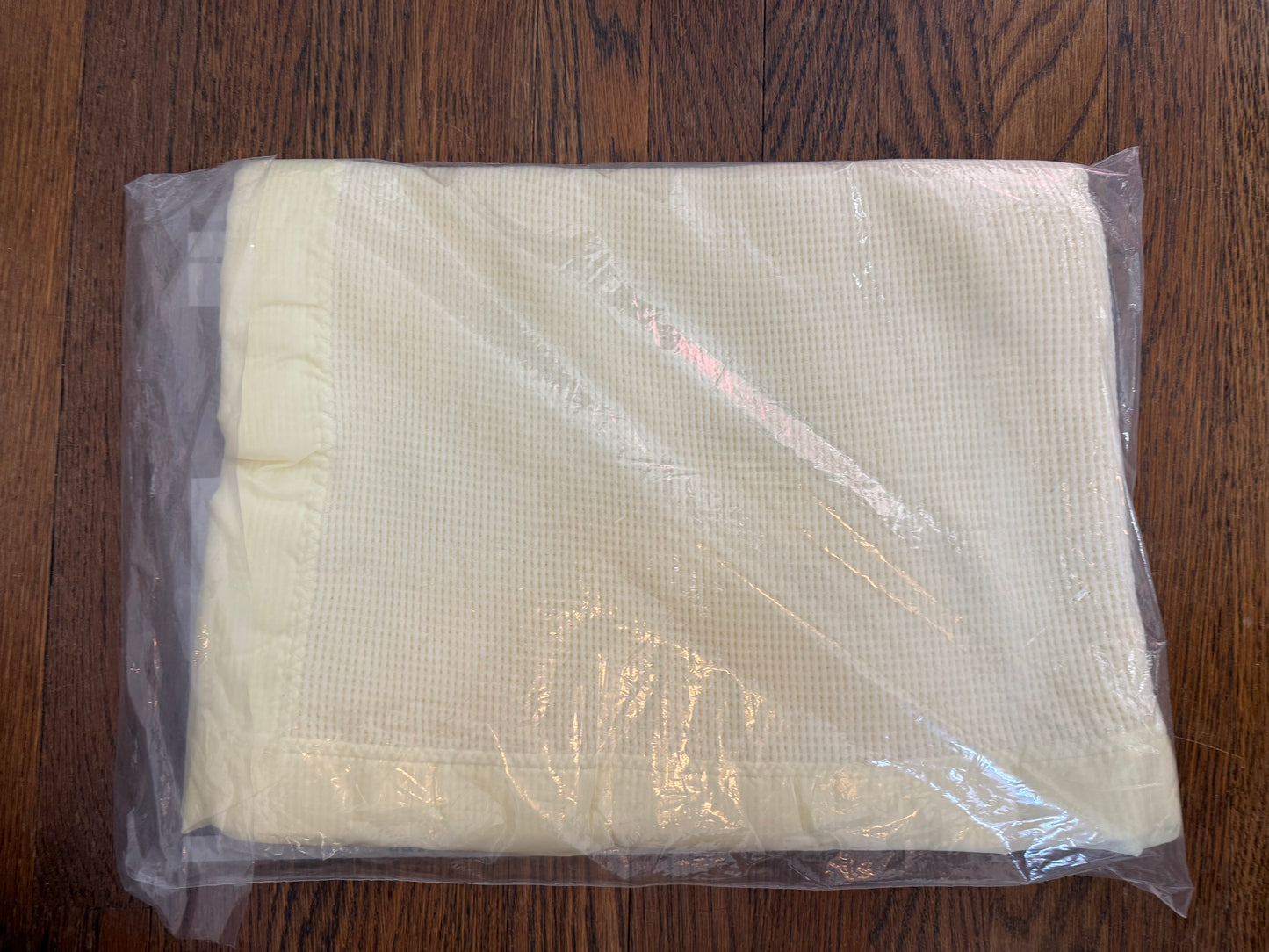 1960s Baby Gordon Thermal Weave Crib Blanket with Satin Binding, Pastel Yellow Cotton, New in Package