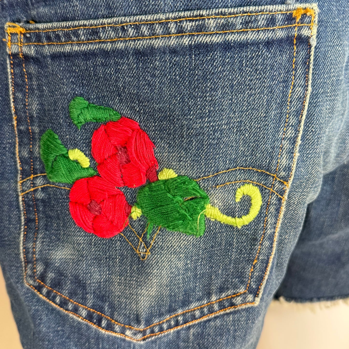 1960s/70s Levi’s Cut Off Denim Shorts, Hand Embroidered Flowers on Pockets, 33" Waist
