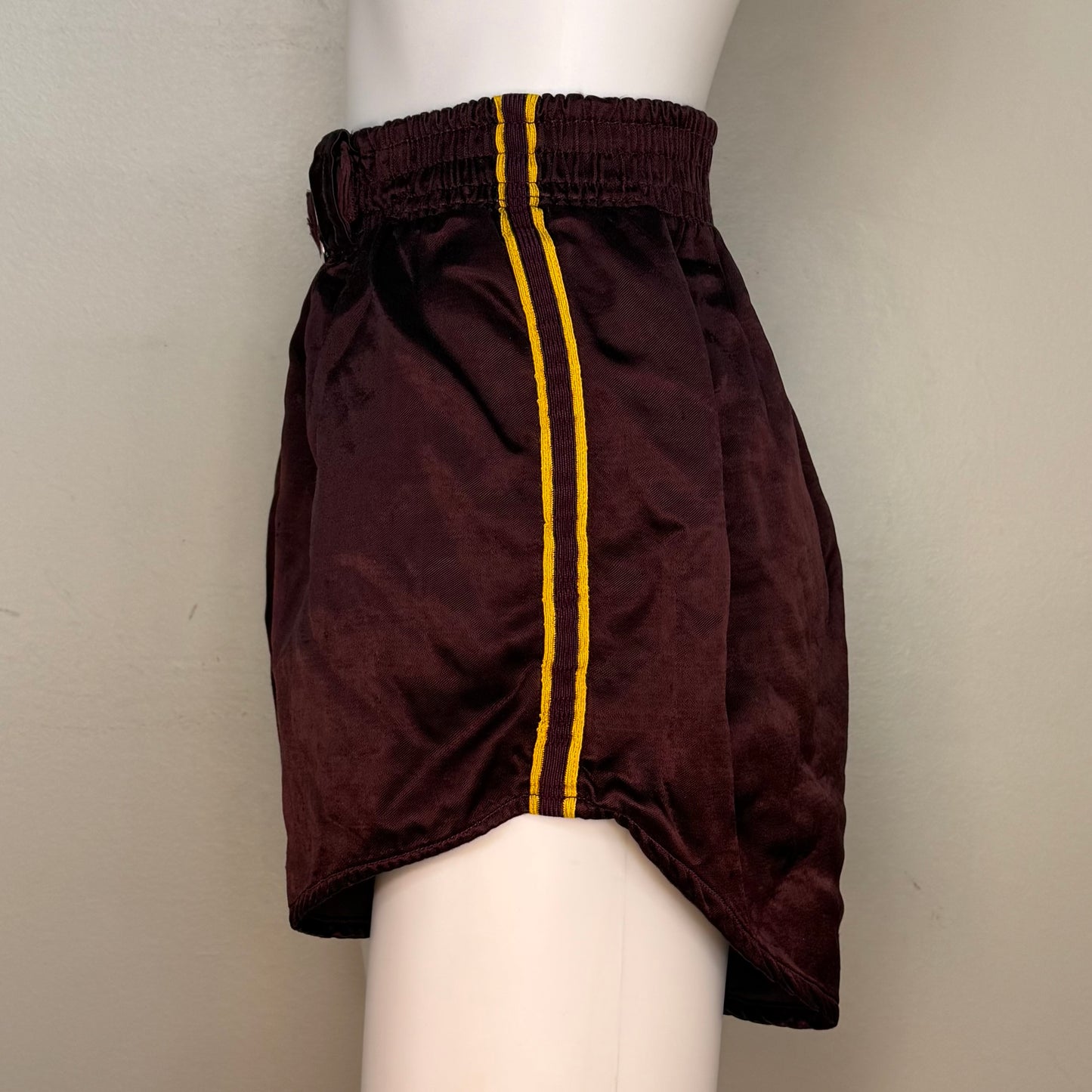 1950s Burgundy Athletic Shorts with Gold Stripes, Belt, Padded Hips, Oliver Bros Phila Pa Athletic Wear Size Small, Basketball? Boxing? Wrestling?