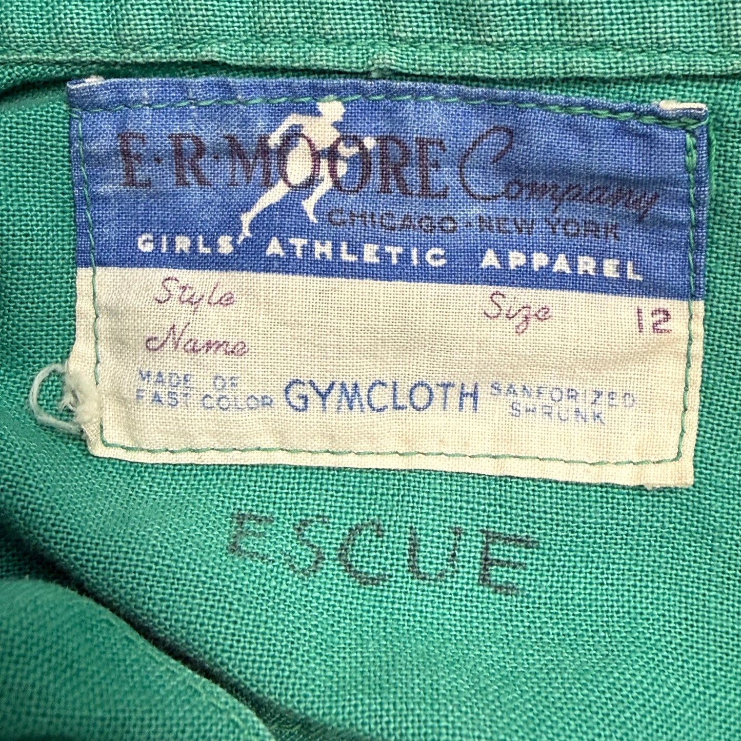 1940s Green School Gym Uniform, Pullover Top and Side Button Shorts, E R Moore Company Athletic Apparel Size X-Small, Gymcloth Gym Suit Set