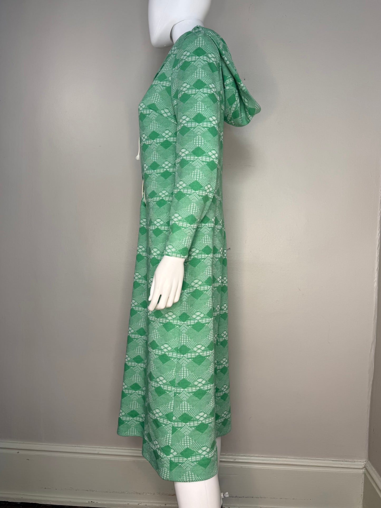 1970s Hooded Lace Up Dress, Size Medium, Green Geometric Polyester Double Knit