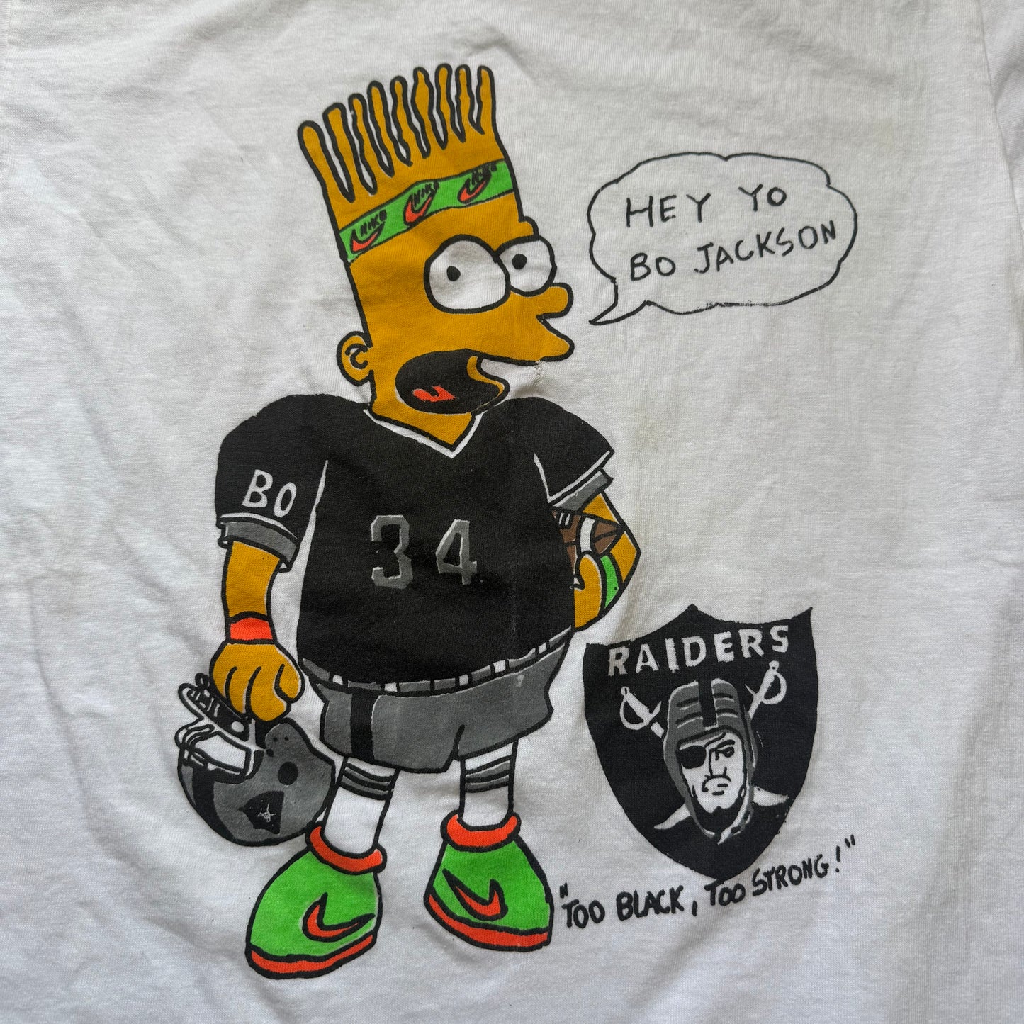 1990s Bootleg Bart Simpson T-Shirt, Los Angeles Raiders Bo Jackson 34, Too Black Too Strong, Simpsons Parody, Harlequin Size S/M