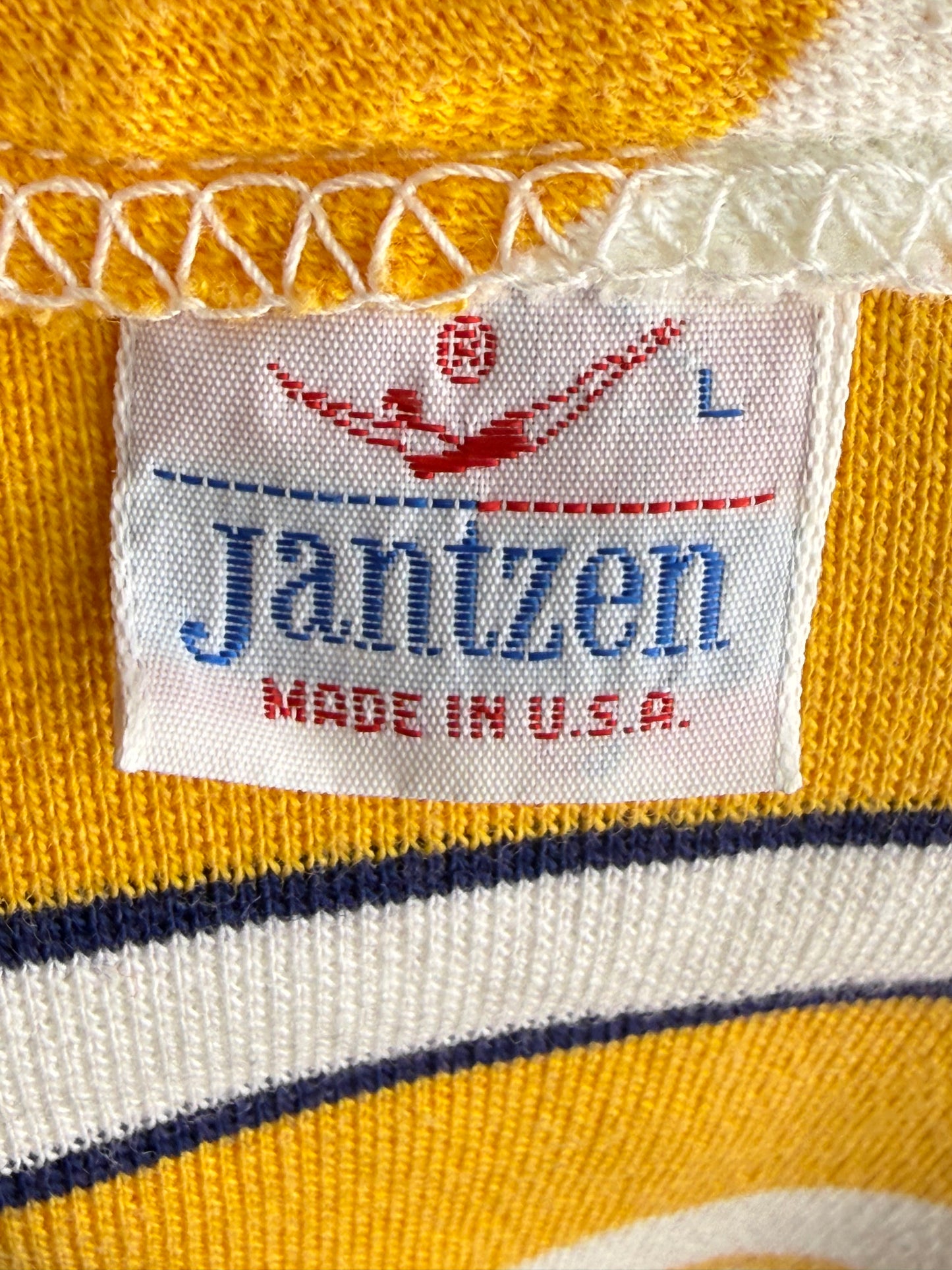 1960s Yellow Striped Tunic and Navy Blue Knit Pants Set, Jantzen Size XS-Small, V Neck Belted T-Shirt