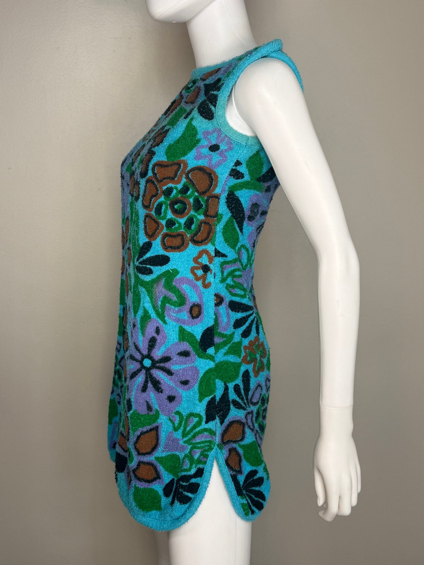 1960s Floral Terry Cloth Dress, Sherry Miami Fla, Swim Beach Towel Cover Up Size XS