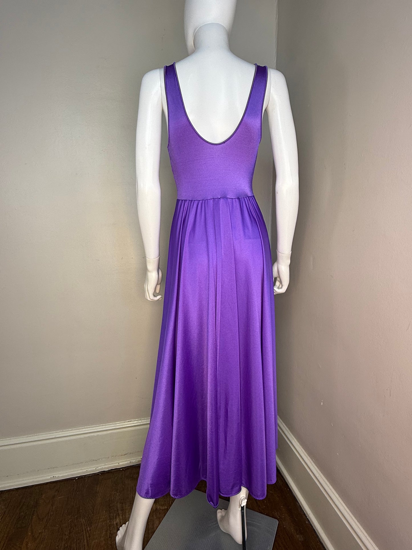 1970s Purple Nightgown with Full Sweep, Lace Cut Out Bodice, Lorraine Size XS-Small