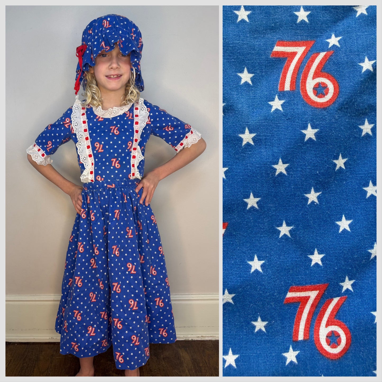 1970s USA Bicentennial 76 Print Girl’s Costume, Top Skirt and Hat, Handmade Size 4/5, Spirit of 76